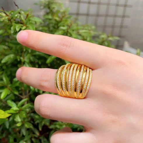 Gold Statement Party Ring (Adjustable Size) - Statement Jewellery - Cubic Zircon - Box Packaging