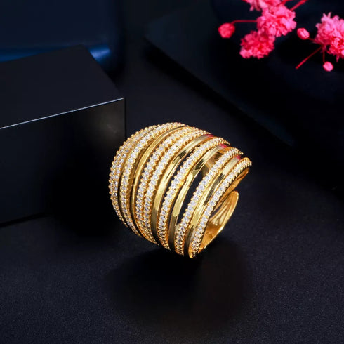 Gold Statement Party Ring (Adjustable Size) - Statement Jewellery - Cubic Zircon - Box Packaging