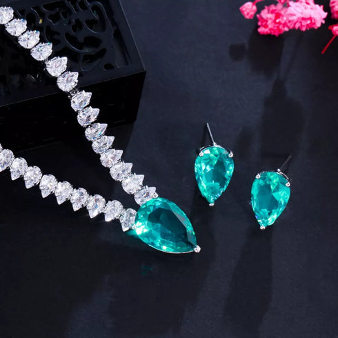 Green Water Drop Jewellery Set - Statement Jewellery - Cubic Zircon - Box Packaging