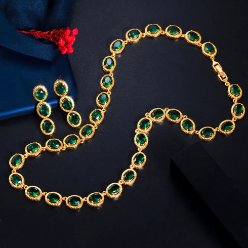Gold & Green Party Set - Earrings & Necklace - Statement Jewellery - Cubic Zircon - Box Packaging