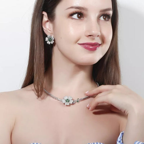Modern Floral Party Set - Earrings & Necklace - Statement Jewellery - Cubic Zircon - Box Packaging