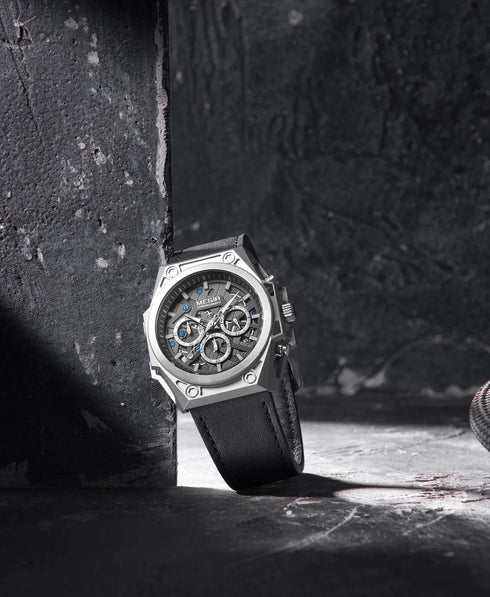 Megir - Men's Watch - 1 Year Warranty - Genuine Leather Strap - Chronograph - 3 ATM Water Resistant