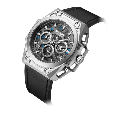 Megir - Men's Watch - 1 Year Warranty - Genuine Leather Strap - Chronograph - 3 ATM Water Resistant