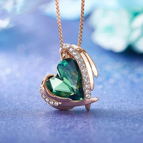 Beautiful Love Necklace - Green & Rose Gold - Genuine European Crystals! - Genuine Rose Gold Plated - Free Box Packaging