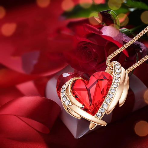 Beautiful Love Necklace - Red & Rose Gold - Genuine European Crystals! - Genuine Rose Gold Plated - Free Box Packaging