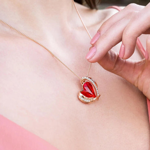 Beautiful Love Necklace - Red & Rose Gold - Genuine European Crystals! - Genuine Rose Gold Plated - Free Box Packaging