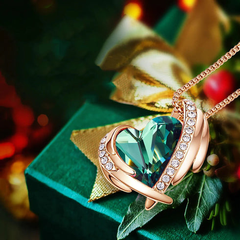 Beautiful Love Necklace - Green & Rose Gold - Genuine European Crystals! - Genuine Rose Gold Plated - Free Box Packaging
