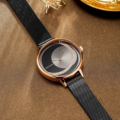 Niovani Mystique - Sparkling Rose Gold & Black - Adjustable Steel Strap! - Water Resistant! - Free Box Packaging!