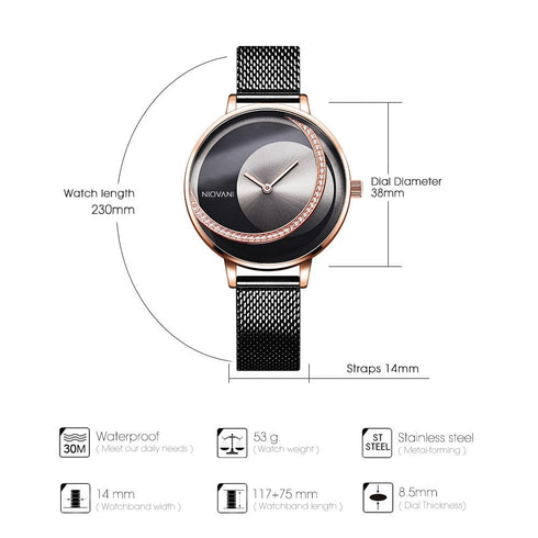 Niovani Mystique - Sparkling Rose Gold & Black - Adjustable Steel Strap! - Water Resistant! - Free Box Packaging!