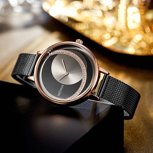 Niovani Mystique - Sparkling Rose Gold & Black - Adjustable Steel Strap! - Water Resistant! - Free Box Packaging!