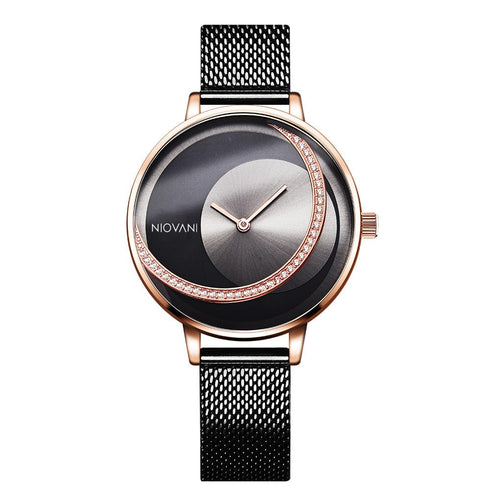 Niovani Mystique - Sparkling Rose Gold & Black - Adjustable Steel Strap! - Water Resistant! - Free Box Packaging!