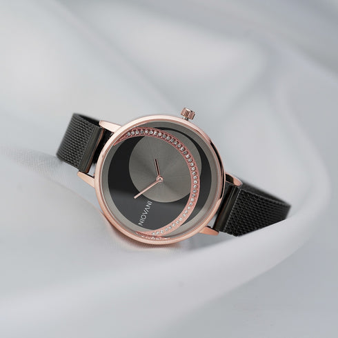 Niovani Mystique - Sparkling Rose Gold & Black - Adjustable Steel Strap! - Water Resistant! - Free Box Packaging!