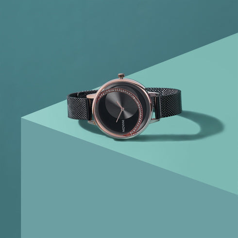 Niovani Mystique - Sparkling Rose Gold & Black - Adjustable Steel Strap! - Water Resistant! - Free Box Packaging!