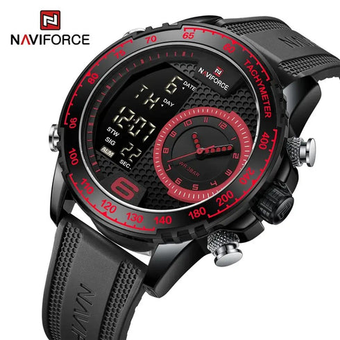 Naviforce Men's Watch - Red & Black - Silicon Strap - Digital & Analogue - 1 Year Warranty