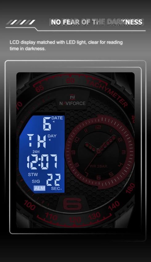 Naviforce Men's Watch - Red & Black - Silicon Strap - Digital & Analogue - 1 Year Warranty