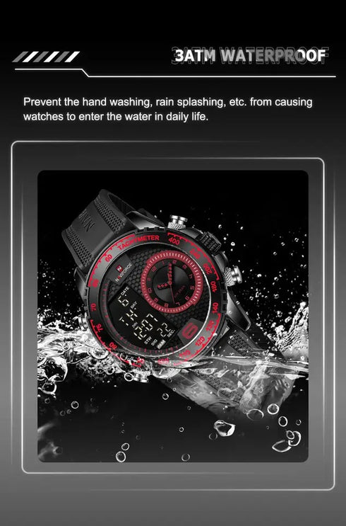 Naviforce Men's Watch - Red & Black - Silicon Strap - Digital & Analogue - 1 Year Warranty