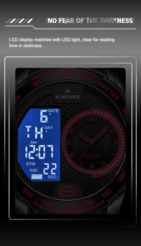 Naviforce Men's Watch - Red & Black - Silicon Strap - Digital & Analogue - 1 Year Warranty