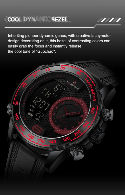 Naviforce Men's Watch - Red & Black - Silicon Strap - Digital & Analogue - 1 Year Warranty