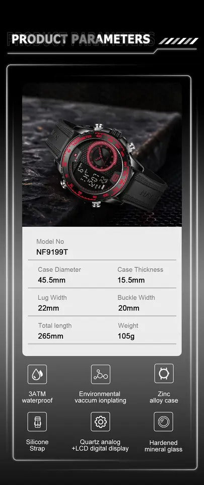 Naviforce Men's Watch - Red & Black - Silicon Strap - Digital & Analogue - 1 Year Warranty
