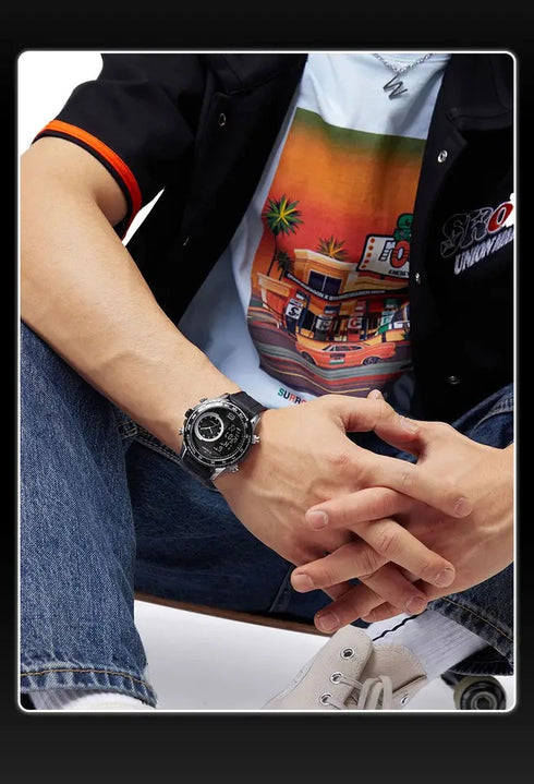 Naviforce Men's Watch - Steel & Black - Silicon Strap - Digital & Analogue - 1 Year Warranty