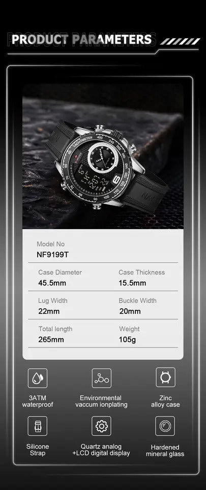Naviforce Men's Watch - Steel & Black - Silicon Strap - Digital & Analogue - 1 Year Warranty