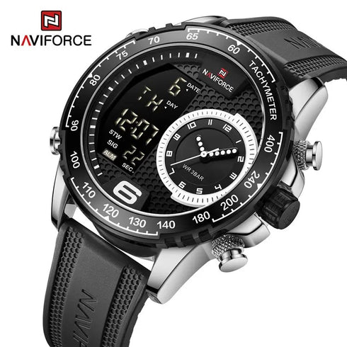 Naviforce Men's Watch - Steel & Black - Silicon Strap - Digital & Analogue - 1 Year Warranty