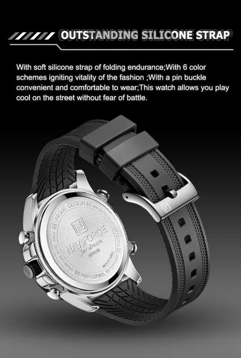 Naviforce Men's Watch - Steel & Black - Silicon Strap - Digital & Analogue - 1 Year Warranty