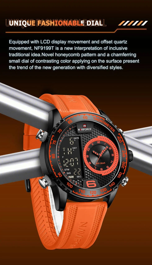 Naviforce Men's Watch - Orange & Black - Silicon Strap - Digital & Analogue - 1 Year Warranty