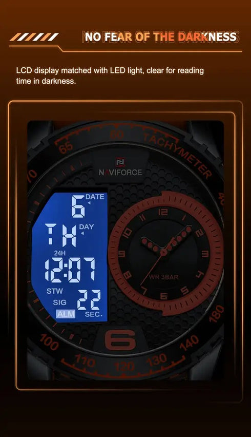 Naviforce Men's Watch - Orange & Black - Silicon Strap - Digital & Analogue - 1 Year Warranty
