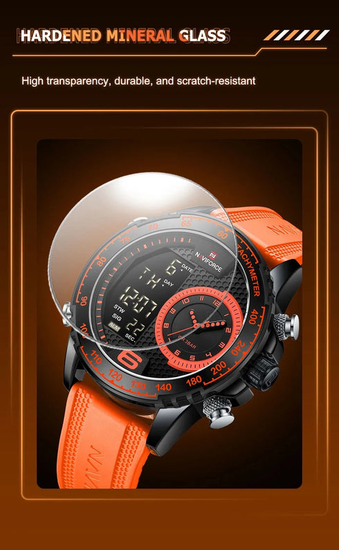 Naviforce Men's Watch - Orange & Black - Silicon Strap - Digital & Analogue - 1 Year Warranty