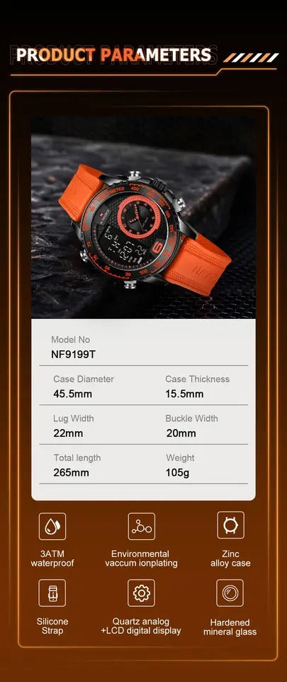 Naviforce Men's Watch - Orange & Black - Silicon Strap - Digital & Analogue - 1 Year Warranty