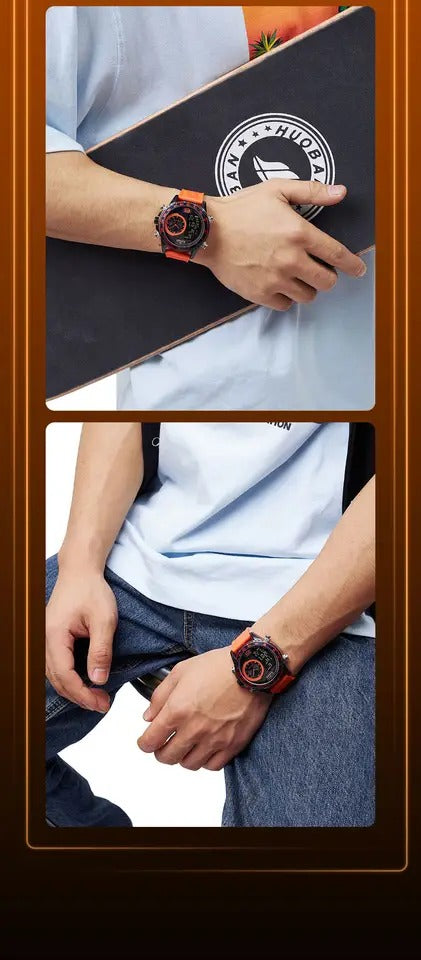 Naviforce Men's Watch - Orange & Black - Silicon Strap - Digital & Analogue - 1 Year Warranty