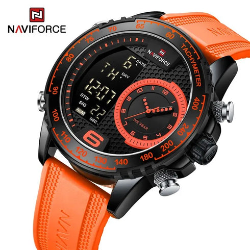 Naviforce Men's Watch - Orange & Black - Silicon Strap - Digital & Analogue - 1 Year Warranty