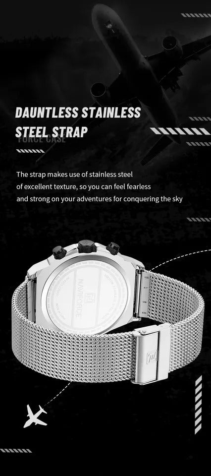 Naviforce Men's Watch - Silver & Black - Chronograph - Adjustable Steel Strap - 1 Year Warranty