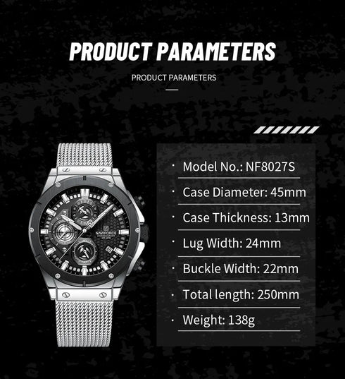 Naviforce Men's Watch - Silver & Black - Chronograph - Adjustable Steel Strap - 1 Year Warranty