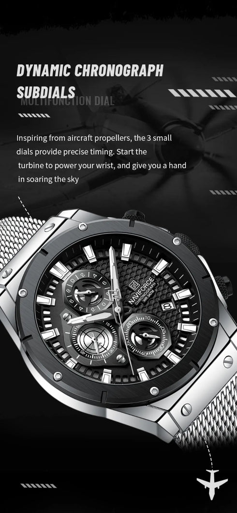 Naviforce Men's Watch - Silver & Black - Chronograph - Adjustable Steel Strap - 1 Year Warranty