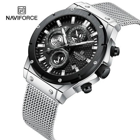 Naviforce Men's Watch - Silver & Black - Chronograph - Adjustable Steel Strap - 1 Year Warranty
