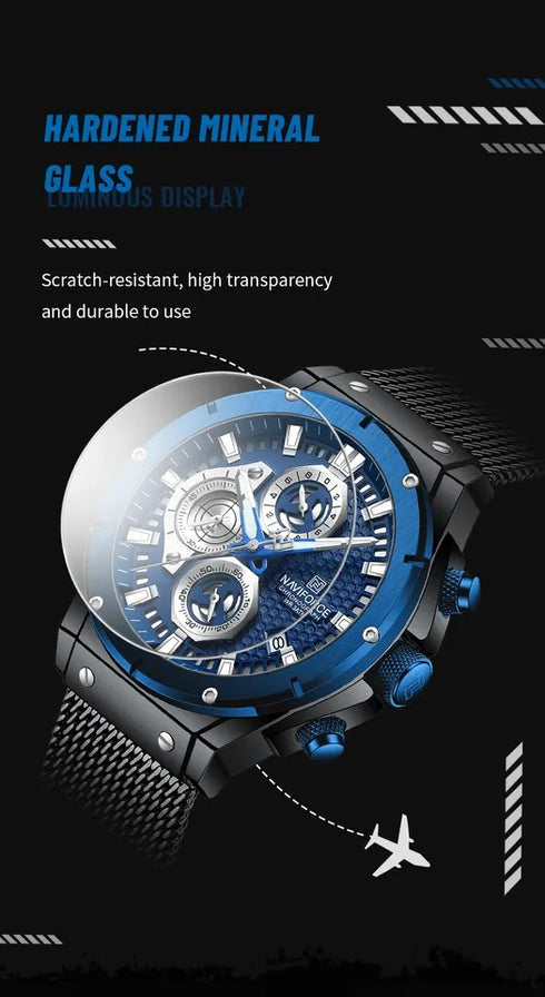 Naviforce Men's Watch - Blue & Black - Chronograph - Adjustable Steel Strap - 1 Year Warranty