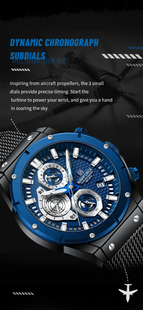 Naviforce Men's Watch - Blue & Black - Chronograph - Adjustable Steel Strap - 1 Year Warranty