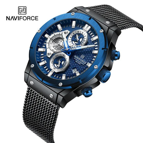 Naviforce Men's Watch - Blue & Black - Chronograph - Adjustable Steel Strap - 1 Year Warranty