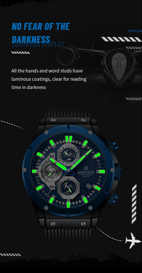 Naviforce Men's Watch - Blue & Black - Chronograph - Adjustable Steel Strap - 1 Year Warranty