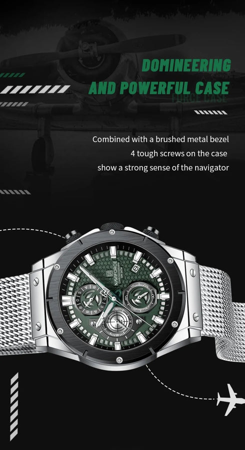 Naviforce Men's Watch - Jungle Green & Silver - Chronograph - Adjustable Steel Strap - 1 Year Warranty