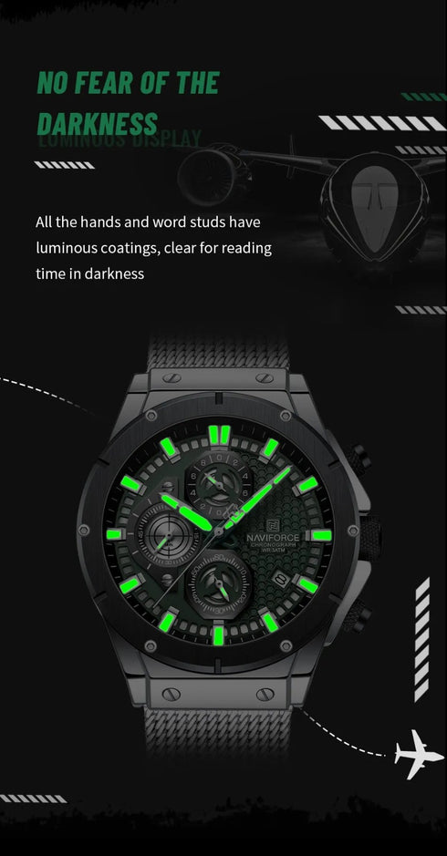 Naviforce Men's Watch - Jungle Green & Silver - Chronograph - Adjustable Steel Strap - 1 Year Warranty