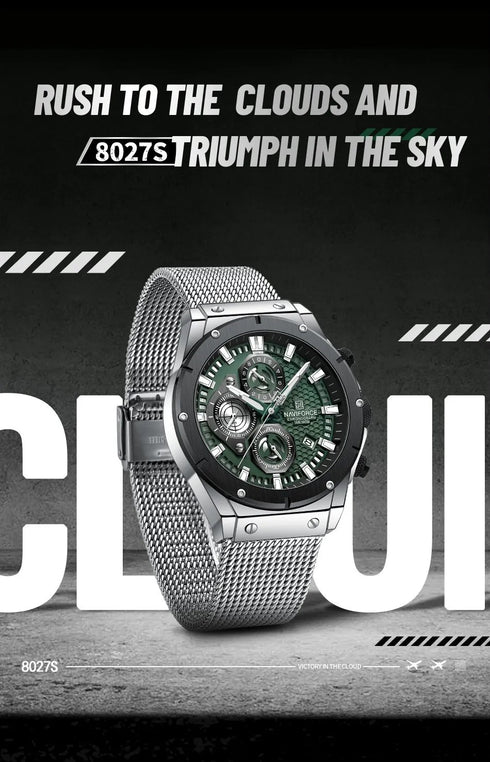 Naviforce Men's Watch - Jungle Green & Silver - Chronograph - Adjustable Steel Strap - 1 Year Warranty