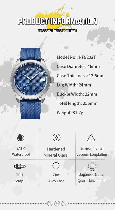Naviforce Men's Watch - All Blue - Ultrasoft Silicon Strap - 1 Year Warranty