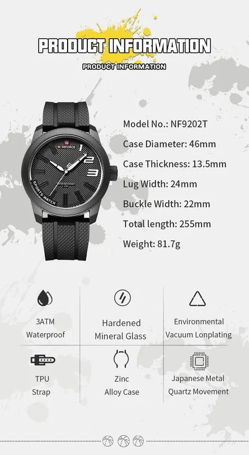 Naviforce Men's Watch - All Black - Ultrasoft Silicon Strap - 1 Year Warranty