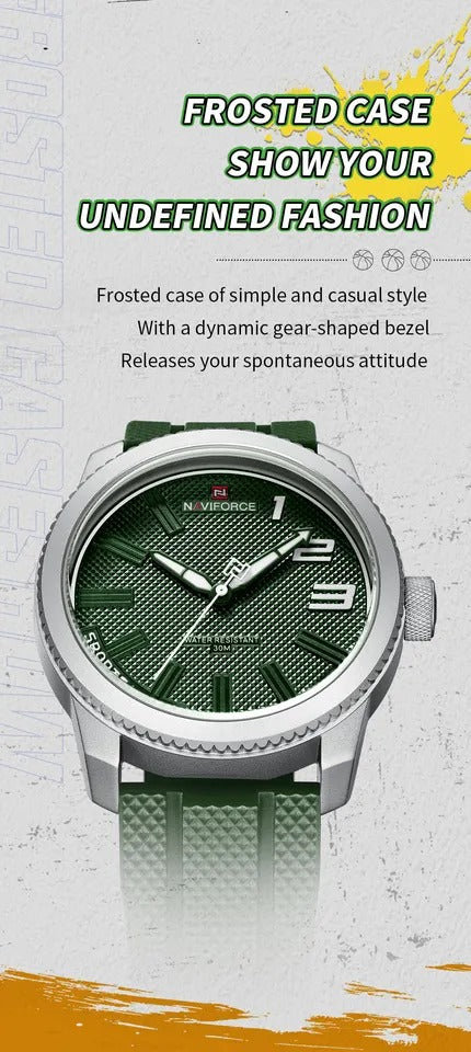 Naviforce Men's Watch - Jungle Green - Ultrasoft Silicon Strap - 1 Year Warranty