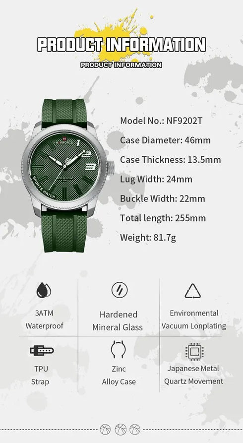 Naviforce Men's Watch - Jungle Green - Ultrasoft Silicon Strap - 1 Year Warranty