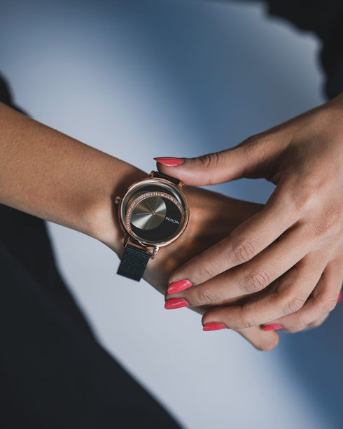Niovani Mystique - Sparkling Rose Gold & Black - Adjustable Steel Strap! - Water Resistant! - Free Box Packaging!
