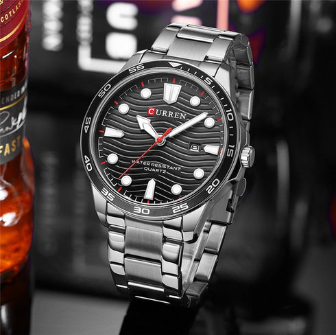 Curren Men's Watch - Steel & Black - Date Function - 1 Year Warranty - Free Box Packaging - 3 ATM Water Resistant